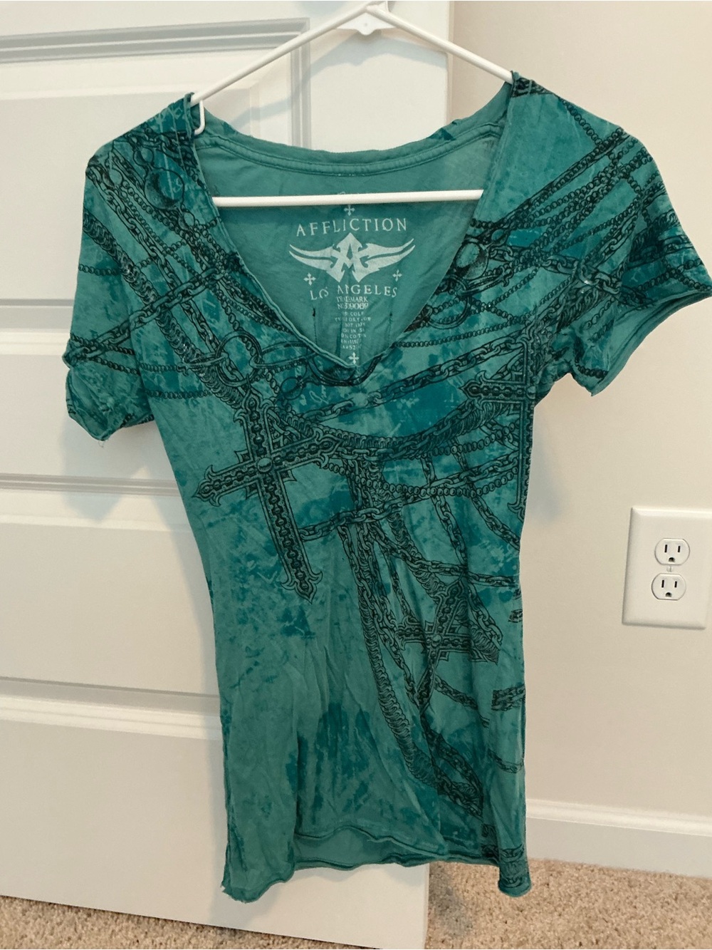 Affliction Teal Short Sleeve V-Neck Tee with Black Chain & Cross Print